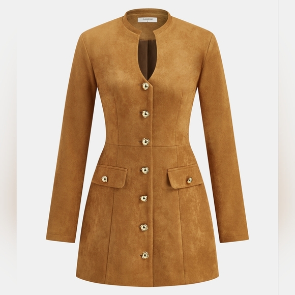 Commense Metal Button Suede Effect Keyhole-Neck Mini Dress SPU: OA250828011 - Picture 2 of 5